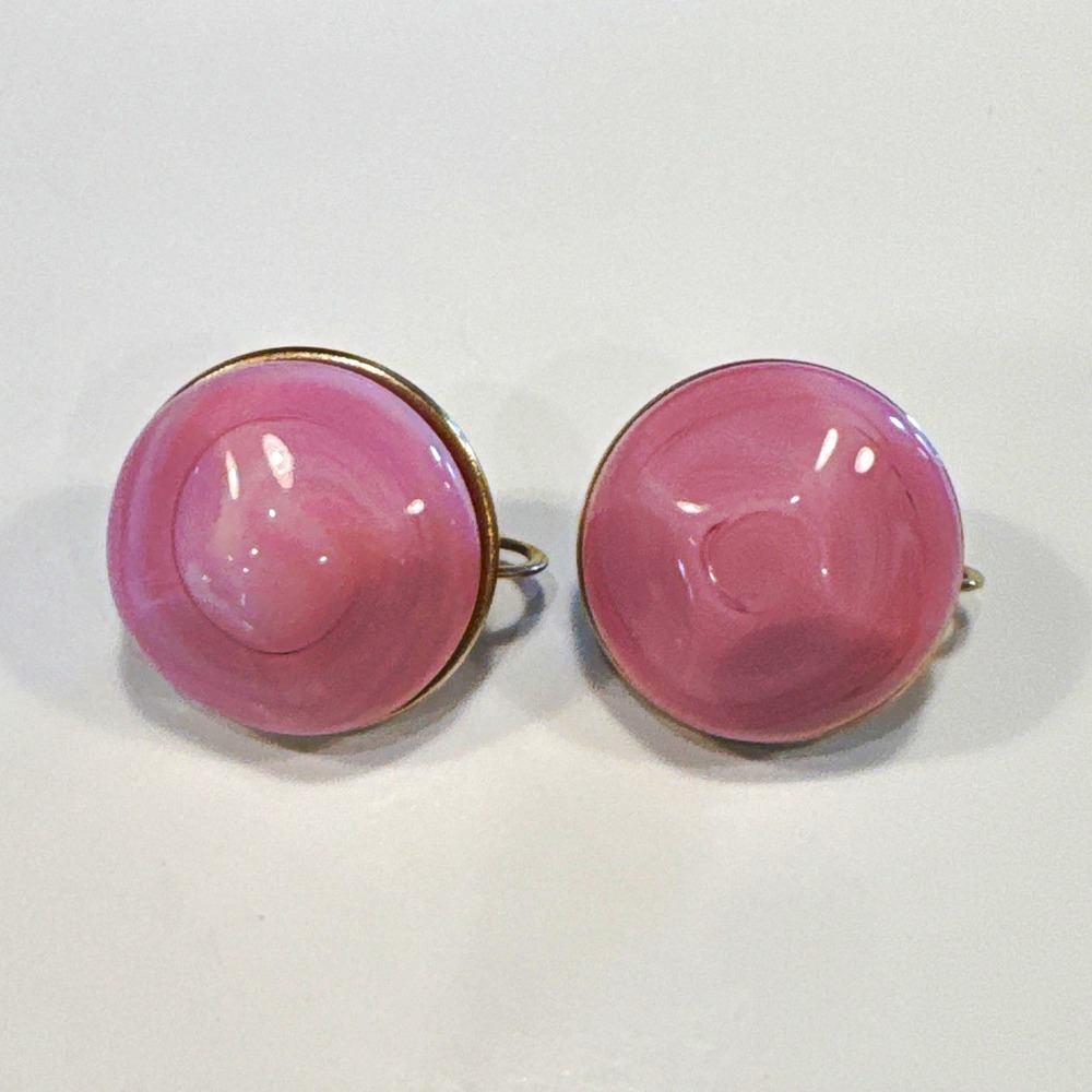 Vintage Vogue signed Pink Round Domed Clip-On Earrings Gold Tone Metal Bezel Set